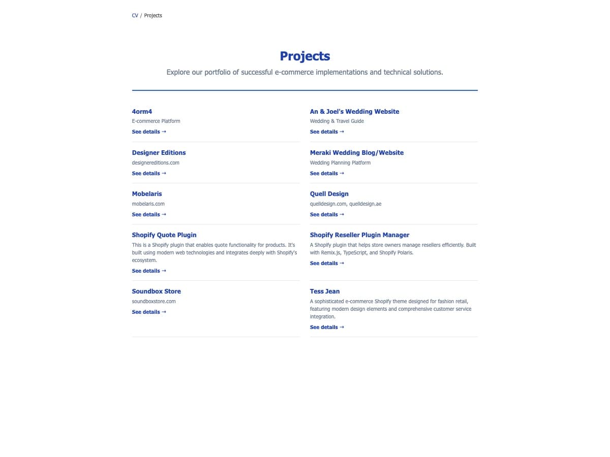 Trang Projects cùng kiểu tờ CV, danh sách dự án hai cột