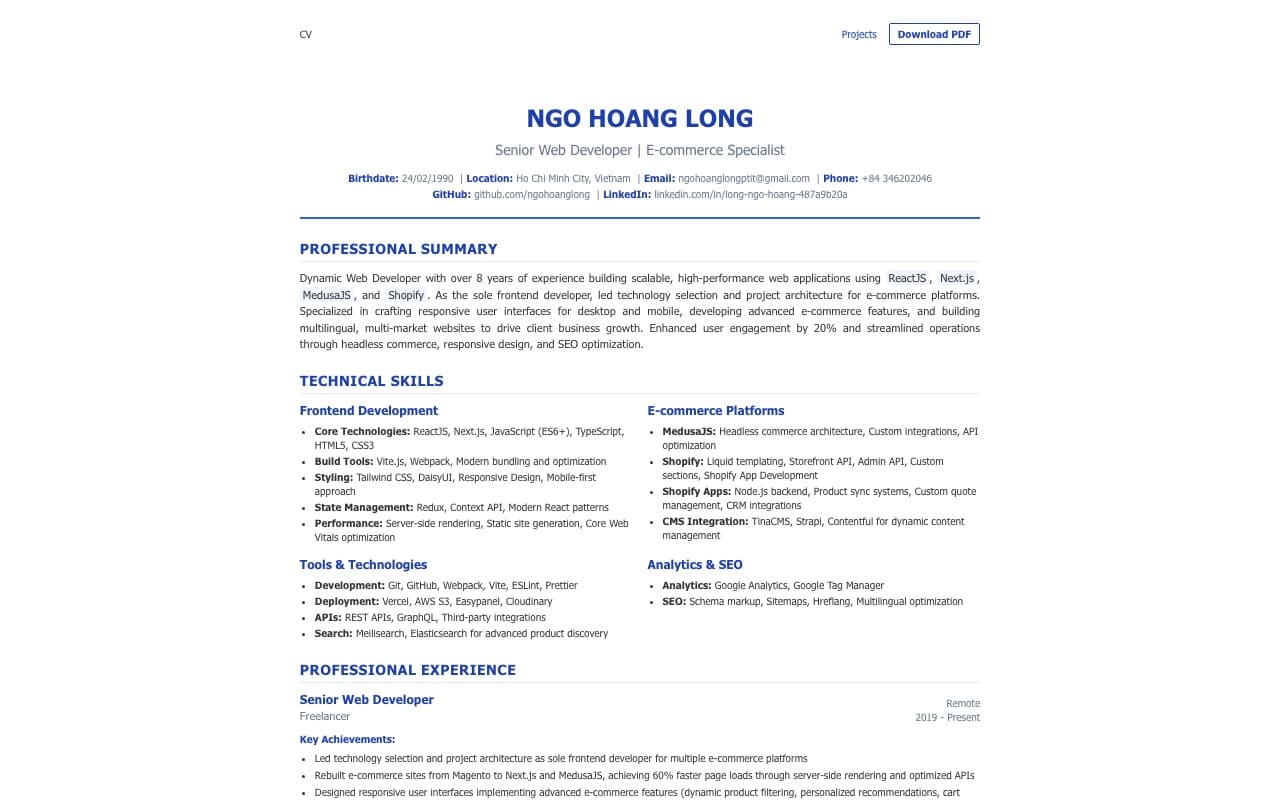 Trang chủ mẫu CV và portfolio trên máy tính