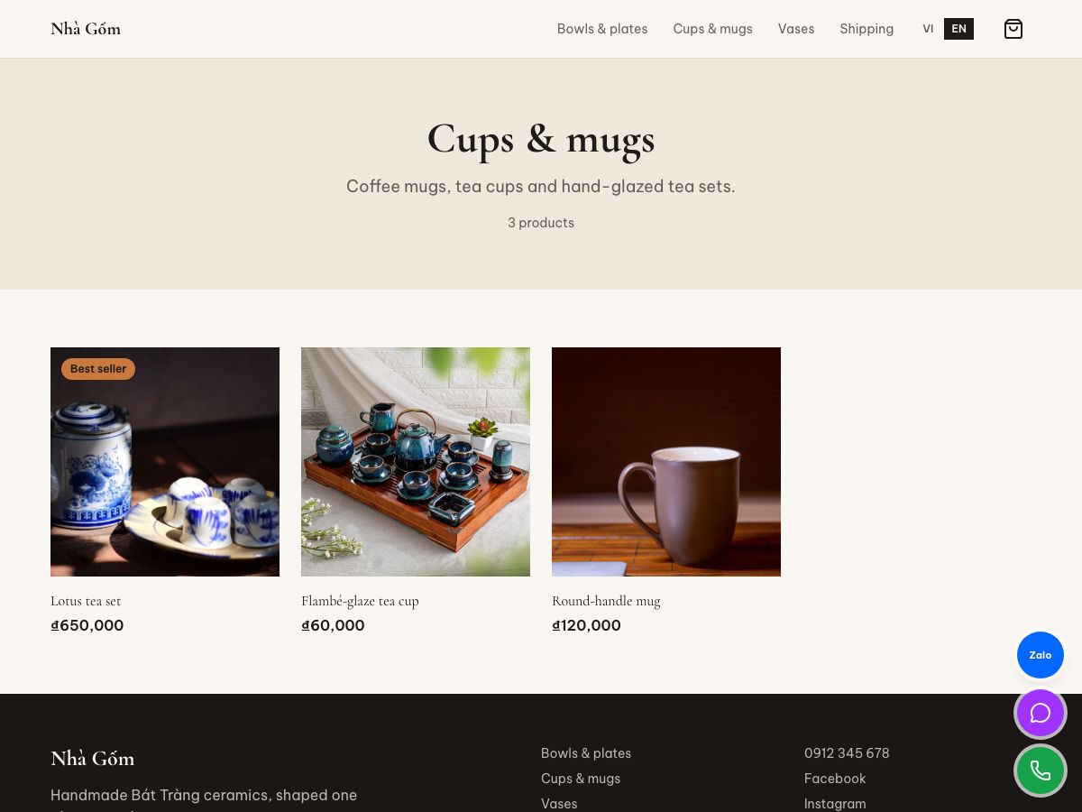 Cups and mugs category page with a product grid